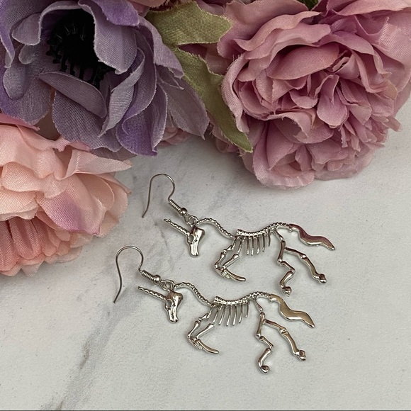 Gothic Silver Unicorn Skeleton Dangle Earrings - Picture 13 of 16